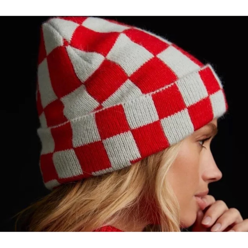 Maeve by Anthropologie - Red & Gray Checkered Beanie Hat
